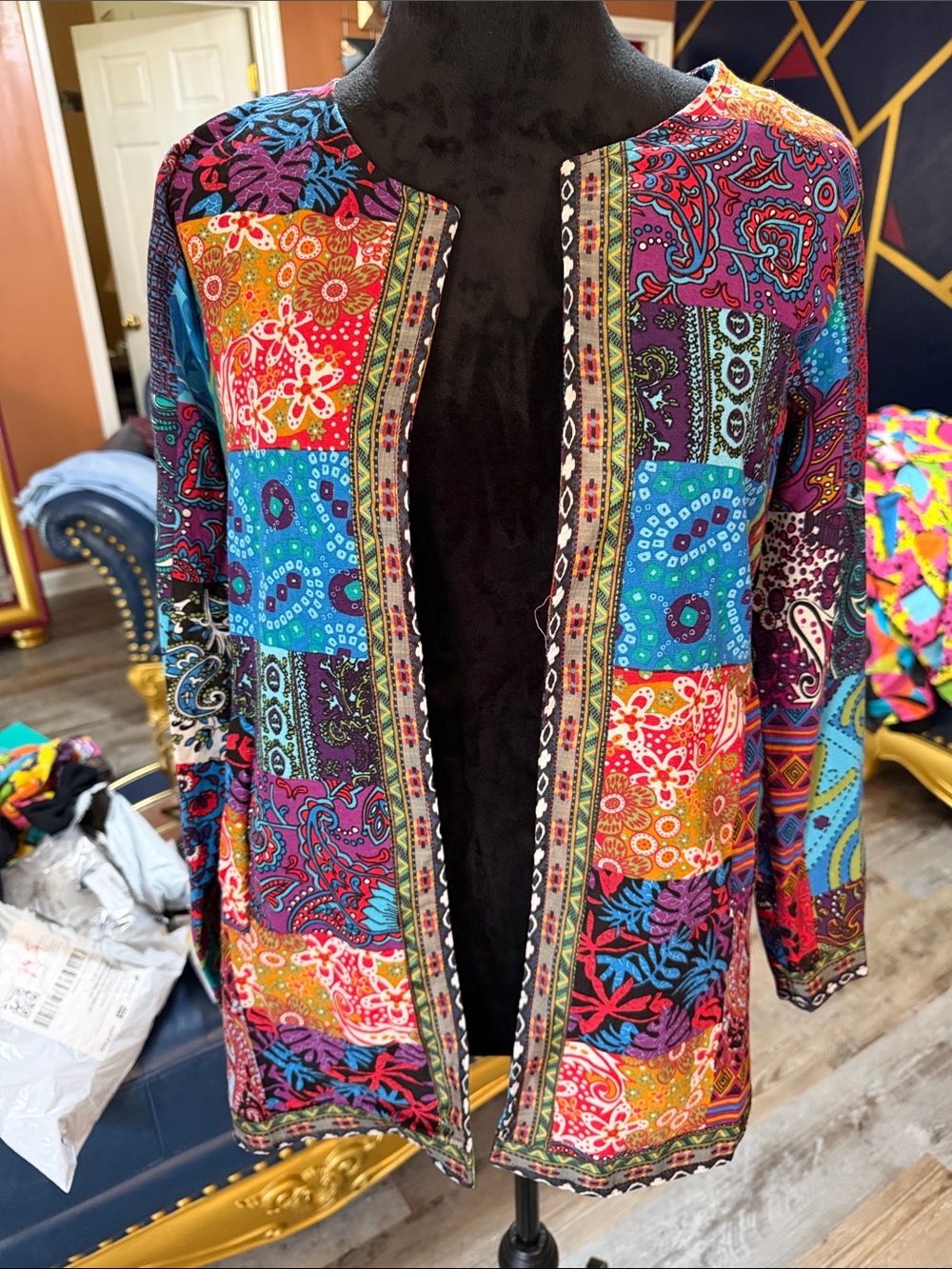 Vibrant Multi-Color Patchwork Open Cardigan